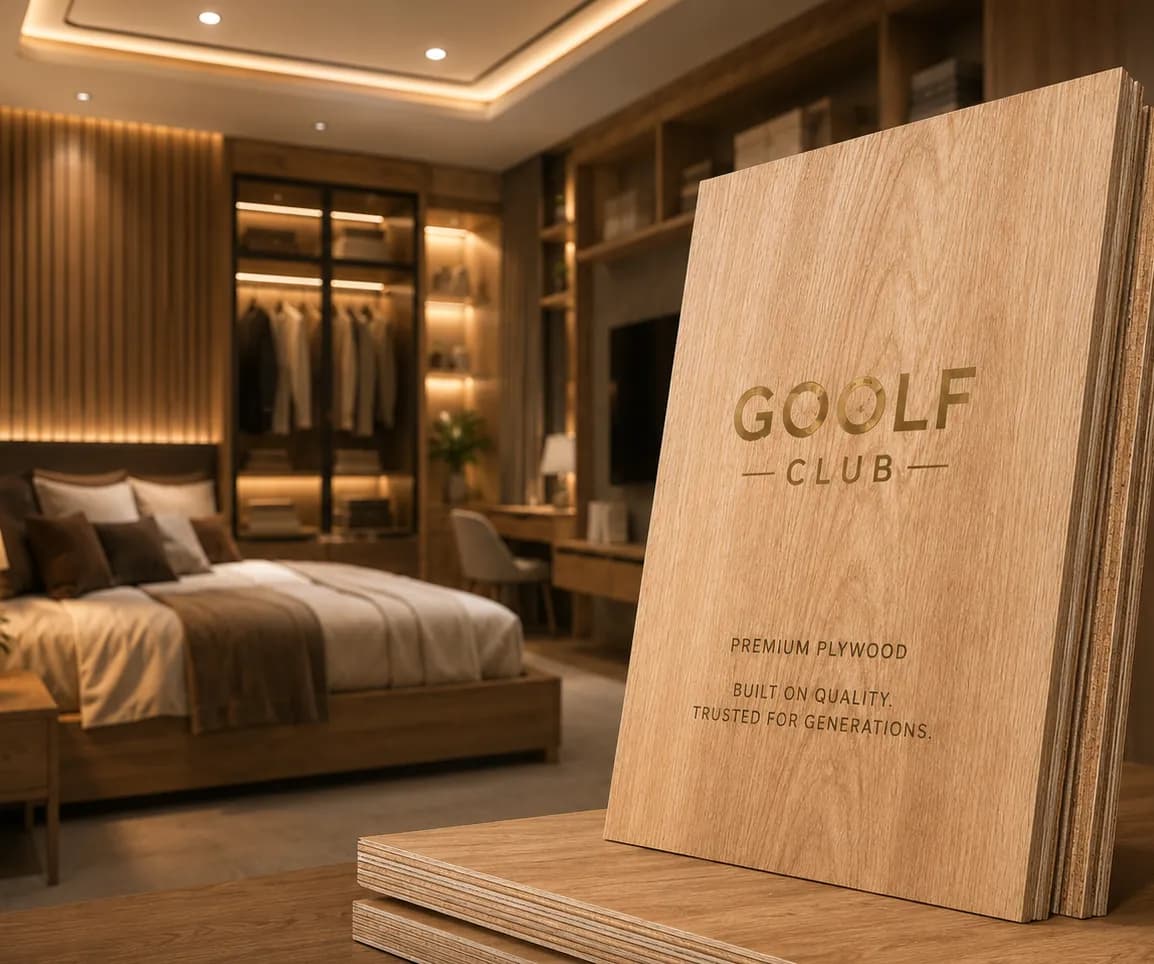 An engraved GOOLF CLUB premium plywood board in a refined bedroom interior