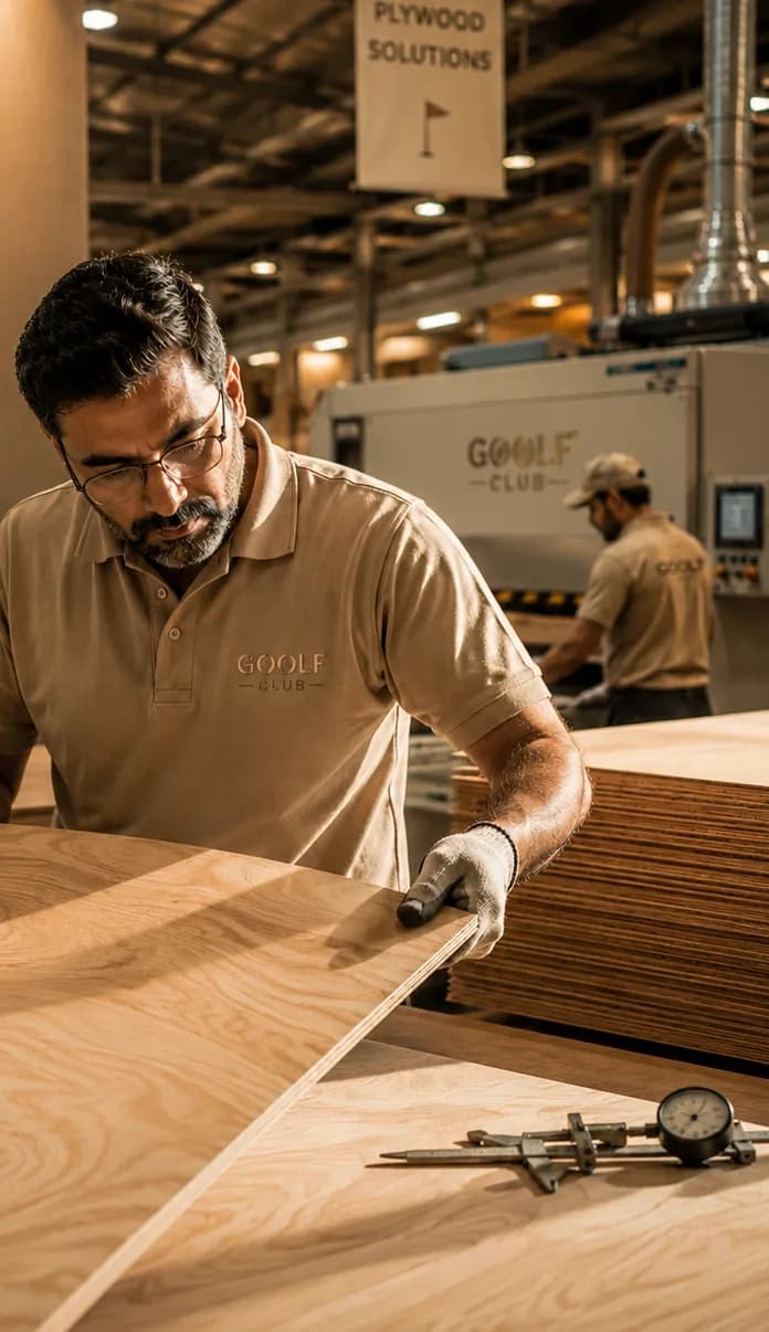 A GOOLF craftsman inspecting a sheet of premium plywood on the factory floor