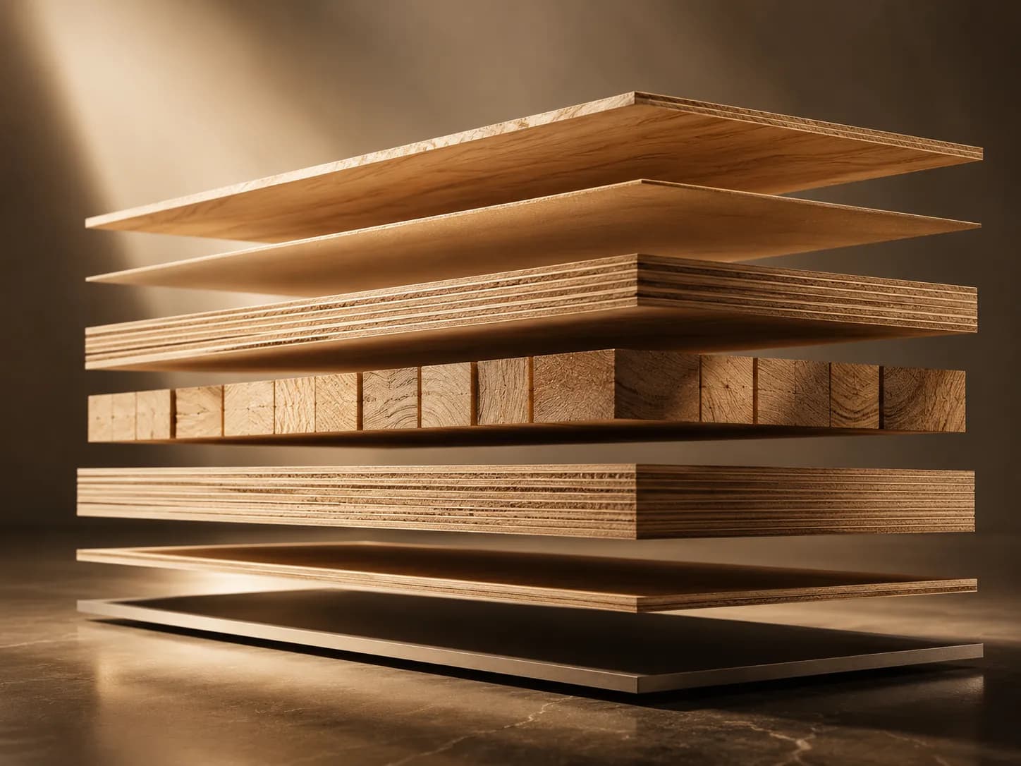 Exploded cross-section of GOOLF engineered plywood showing void-free hardwood core layers