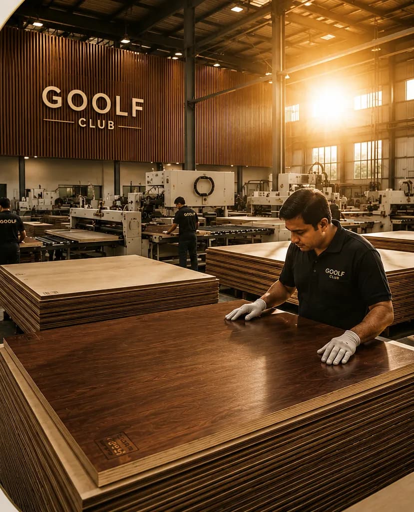 GOOLF CLUB manufacturing facility — a craftsman inspecting finished plywood at golden hour